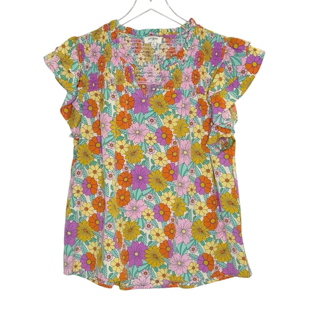 Umgee Split Neck Smocked Floral Print Ruffle Sleeve Top M Retro Floral 70s